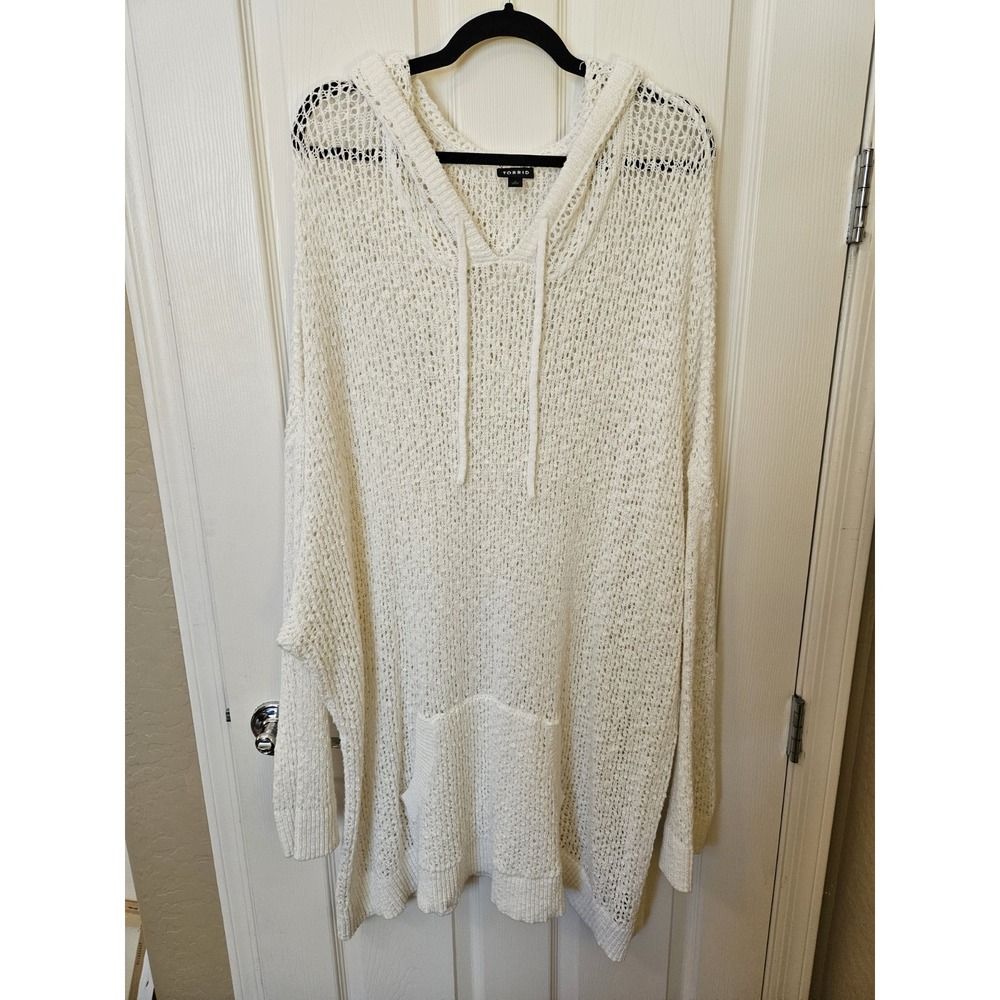 Torrid White Open Weave Knit Hoodie Front Pocket Long Sleeve Cover-Up, Plus 6X